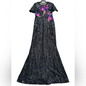 MARCHESA NOTTE***Sequin Black Gown with Floral Accents***US 6 $895